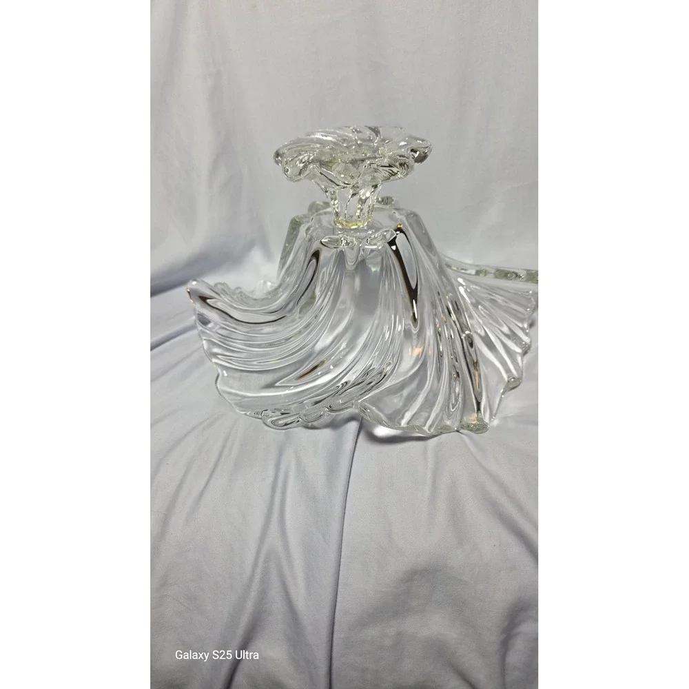 Vintage Clear Art Glass Ruffled Centerpiece Bowl Swirl Pedestal Fruit Dish